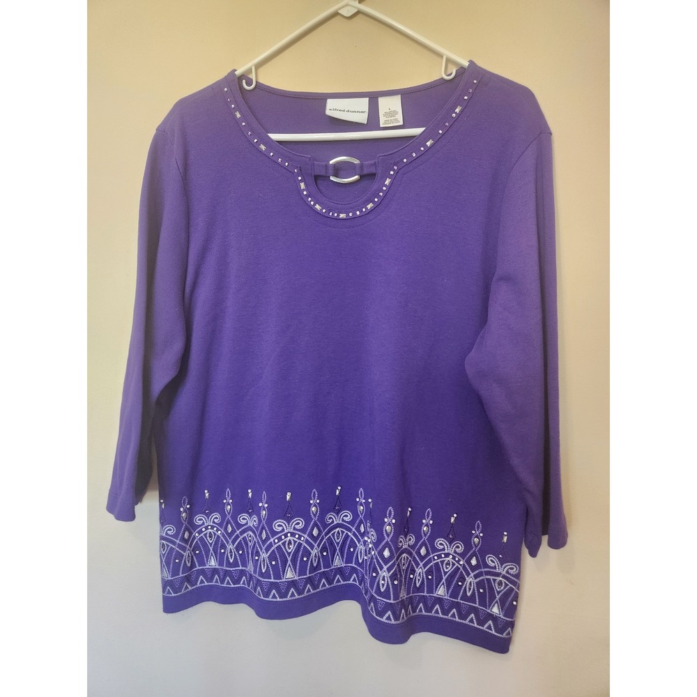 Alfred Dunner Purple Embellished 3/4 Sleeve Knit Top Embroidered Hem Large